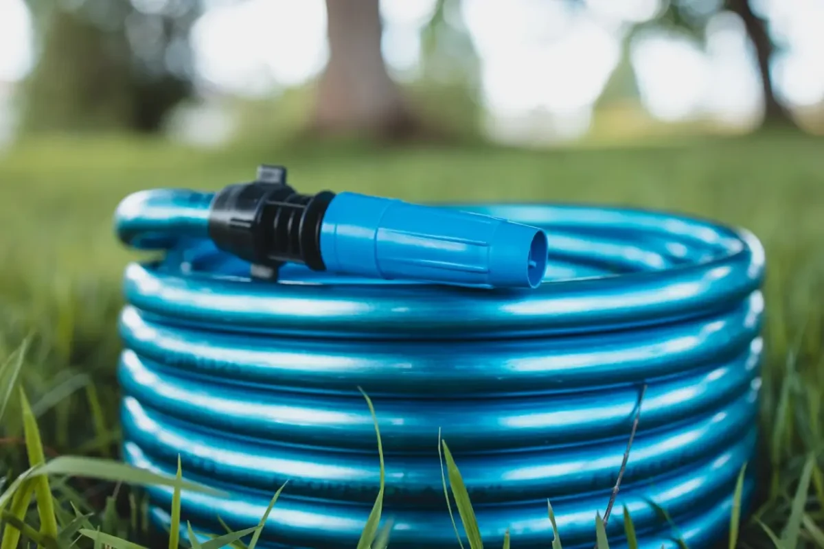 Foto mostrando o esguicho da mangueira ecopérola mini azul oceano